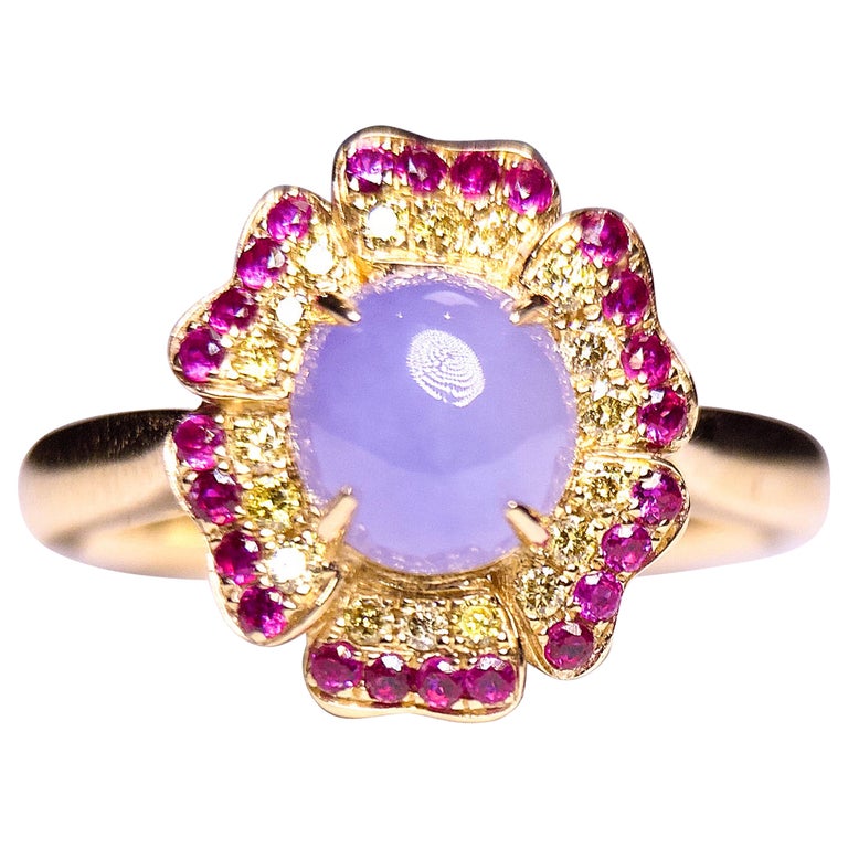 Eostre Type A Natural Lavender Jadeite Jade, Ruby and Diamond Yellow Gold Ring