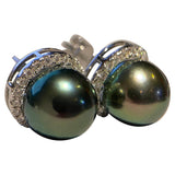 Eostre Green Colour Black Tone Tahitian Pearl and Diamond White Gold Earring