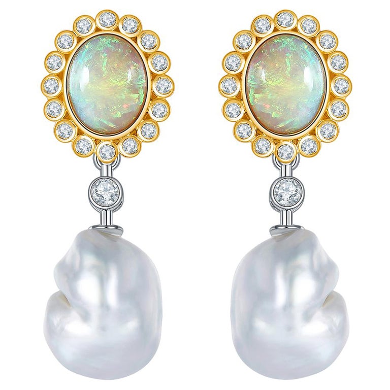 Australian Solid White Opal and South Sea Pearl in Baroque Shape Earring