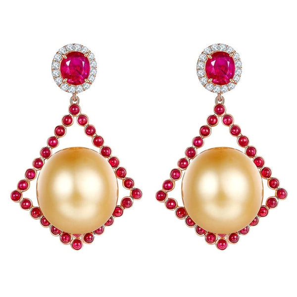 Eostre Rubies in Cab and Faceted Diamond and South Sea Pearl Rose Gold Earring