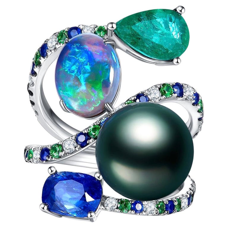 Eostre Sapphire, Opal, Emerald, Pearl and Diamond White Gold Ring