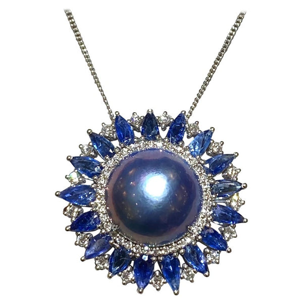 Eostre Mabe Pearl, Sapphire and Diamond Yellow Gold Pendant