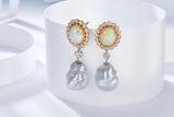 Australian Solid White Opal and South Sea Pearl in Baroque Shape Earring