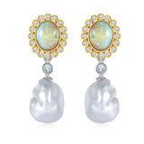 Australian Solid White Opal and South Sea Pearl in Baroque Shape Earring