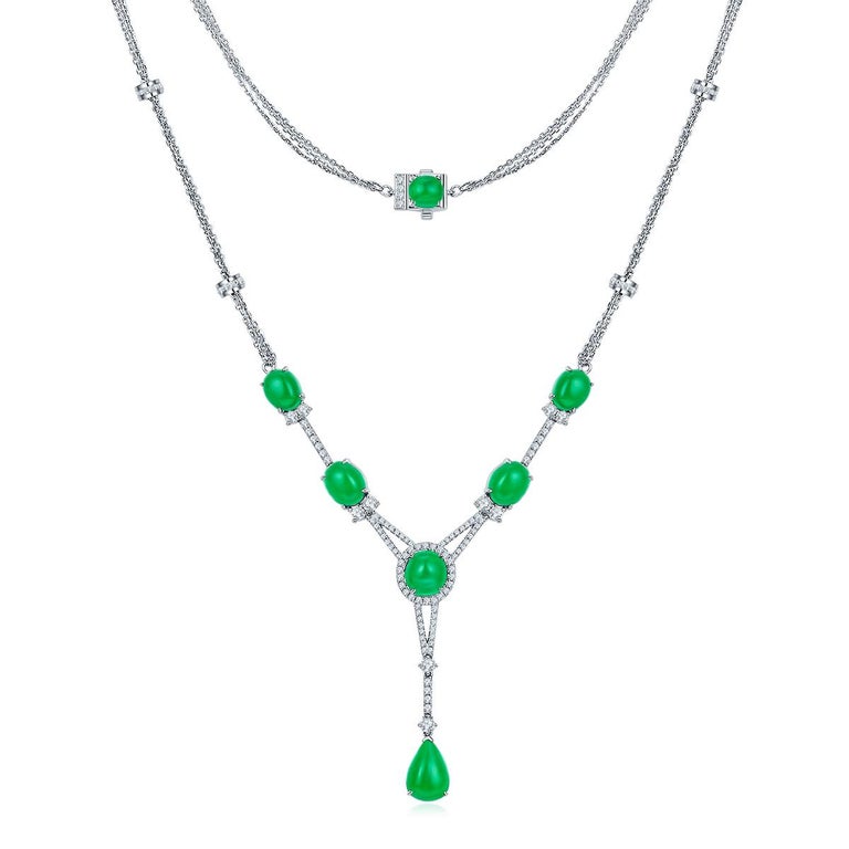 Eostre Emerald Cabochon Sugarloaf and Diamond White Gold Necklace