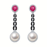 Eostre Ruby Cabochon, Black Onyx, Diamond and South Sea Pearl White Gold Earring