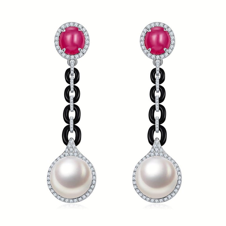 Eostre Ruby Cabochon, Black Onyx, Diamond and South Sea Pearl White Gold Earring