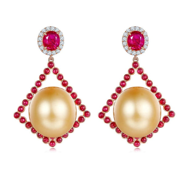 Eostre Rubies in Cab and Faceted Diamond and South Sea Pearl Rose Gold Earring