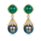 Eostre Emerald, Diamond and Tahitian Pearl Yellow Gold Earring