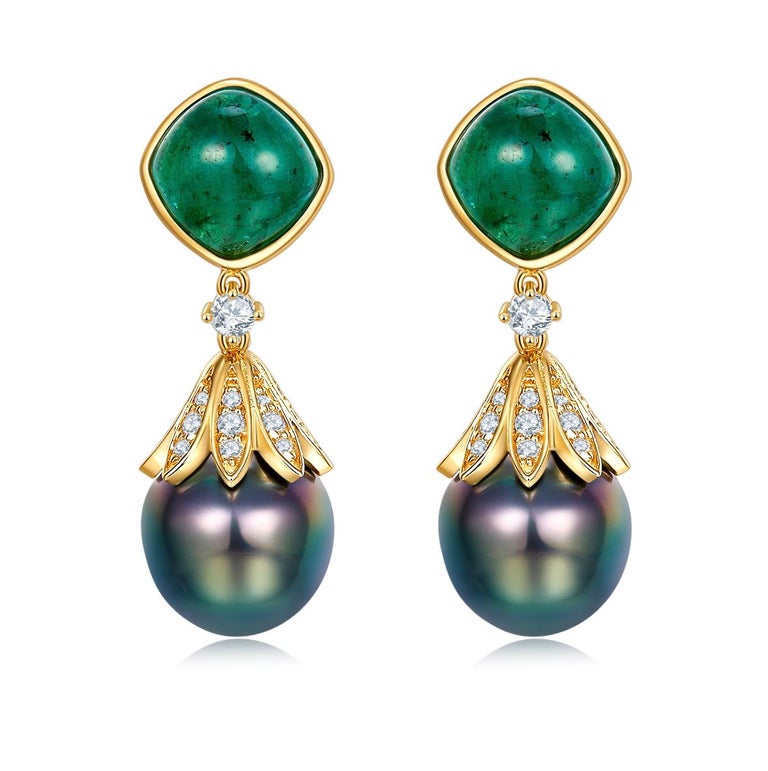 Eostre Emerald, Diamond and Tahitian Pearl Yellow Gold Earring