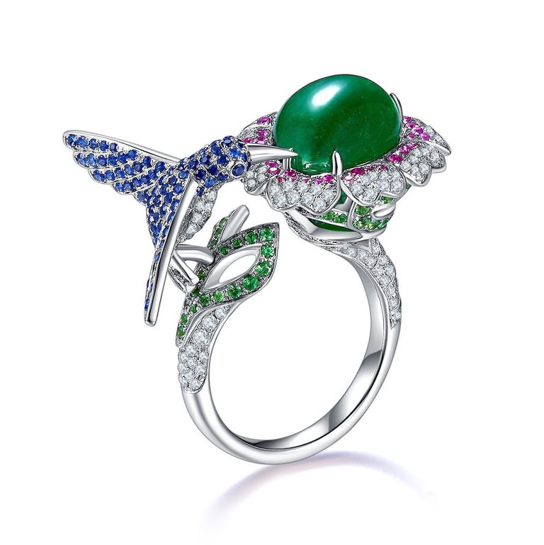 Eostre Emerald Tsavorite Sapphire and Diamond 18K White Gold Ring