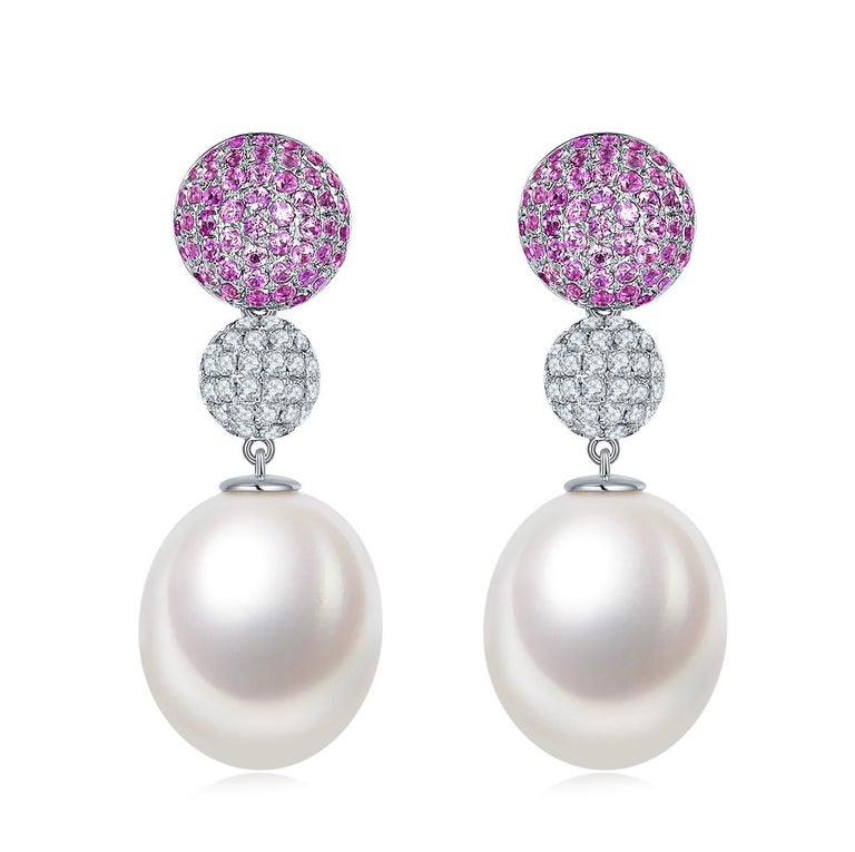 Eostre Pink Sapphire, Diamond and South Sea Pearl White Gold Earring