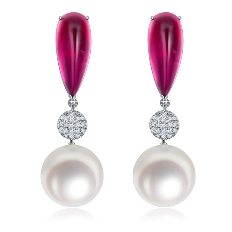 Eostre Rubillite Diamond and South Sea Pearl Earring in 18k White Gold