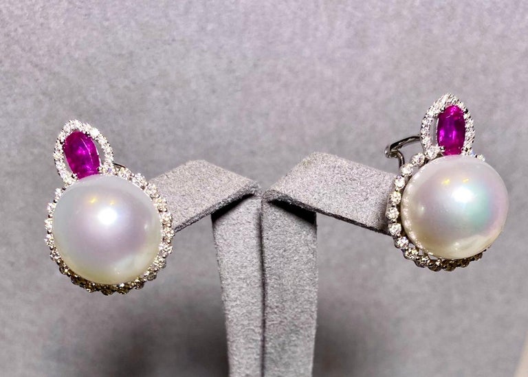 White South Sea Pearl, Ruby and Diamond Earring in 18k White Gold