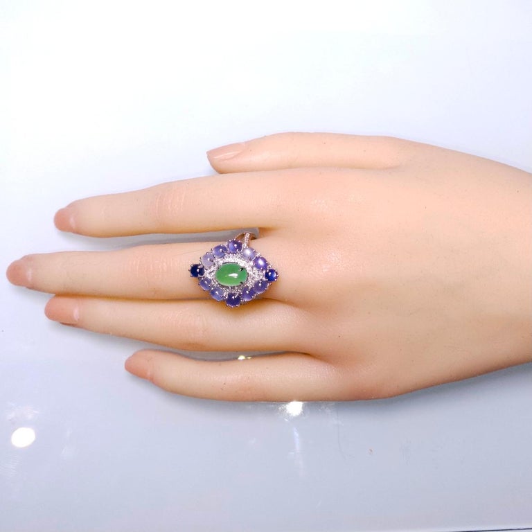 Eostre Type A Natural Green Jadeite, Star Sapphire and Diamond White Gold Ring