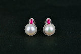 White South Sea Pearl, Ruby and Diamond Earring in 18k White Gold