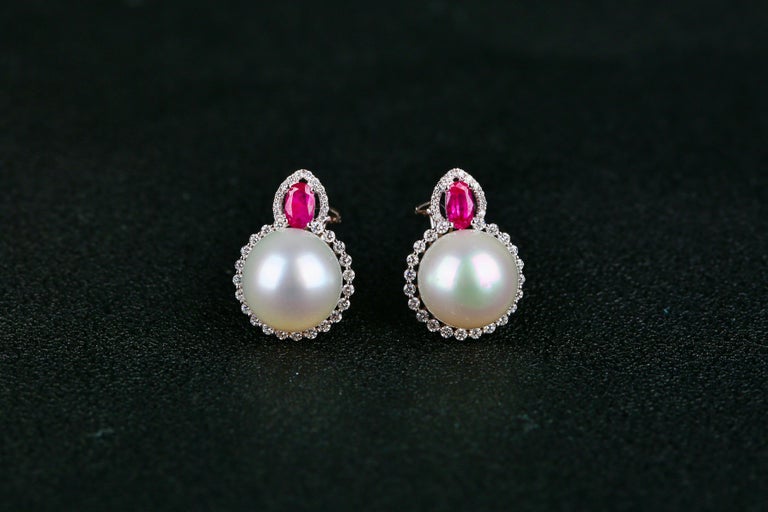 White South Sea Pearl, Ruby and Diamond Earring in 18k White Gold