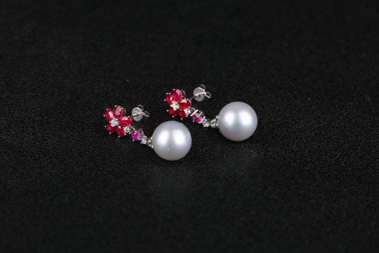 Eostre Ruby, White South Sea Pearl and Diamond White Gold Earring