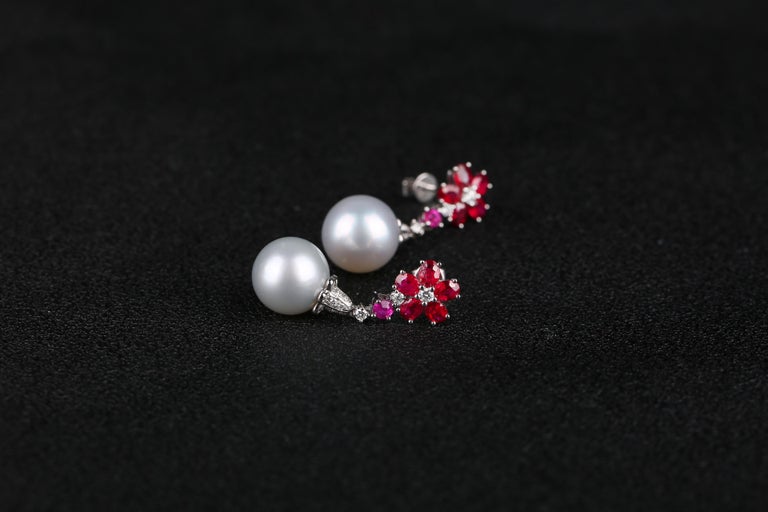 Eostre Ruby, White South Sea Pearl and Diamond White Gold Earring