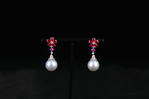 Eostre Ruby, White South Sea Pearl and Diamond White Gold Earring