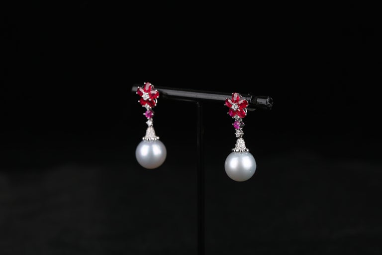 Eostre Ruby, White South Sea Pearl and Diamond White Gold Earring