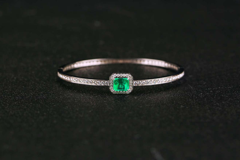 Eostre Green Emerald and Diamond Bangle in 18k White Gold