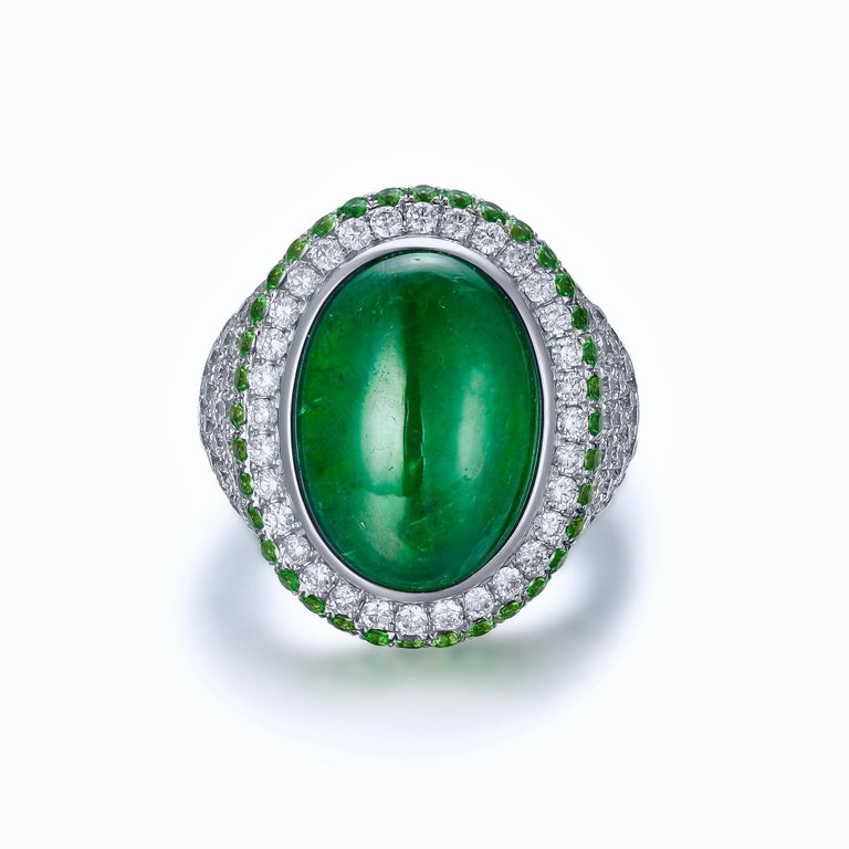 Eostre Vivid Green Emerald, Tsavorite and Diamond White Gold Ring