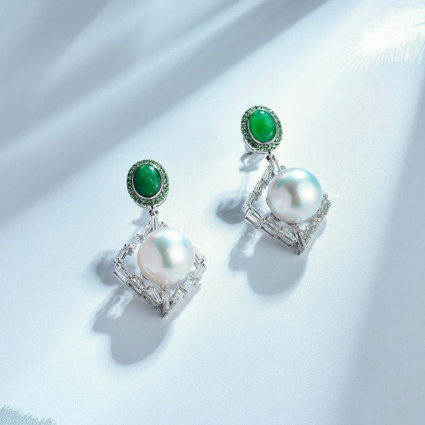 Eostre Jadeite, South Sea Pearl, Tsavorite and Diamond 18K White Gold Earring