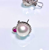 White South Sea Pearl, Ruby and Diamond Earring in 18k White Gold