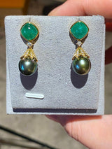 Eostre Emerald, Diamond and Tahitian Pearl Yellow Gold Earring