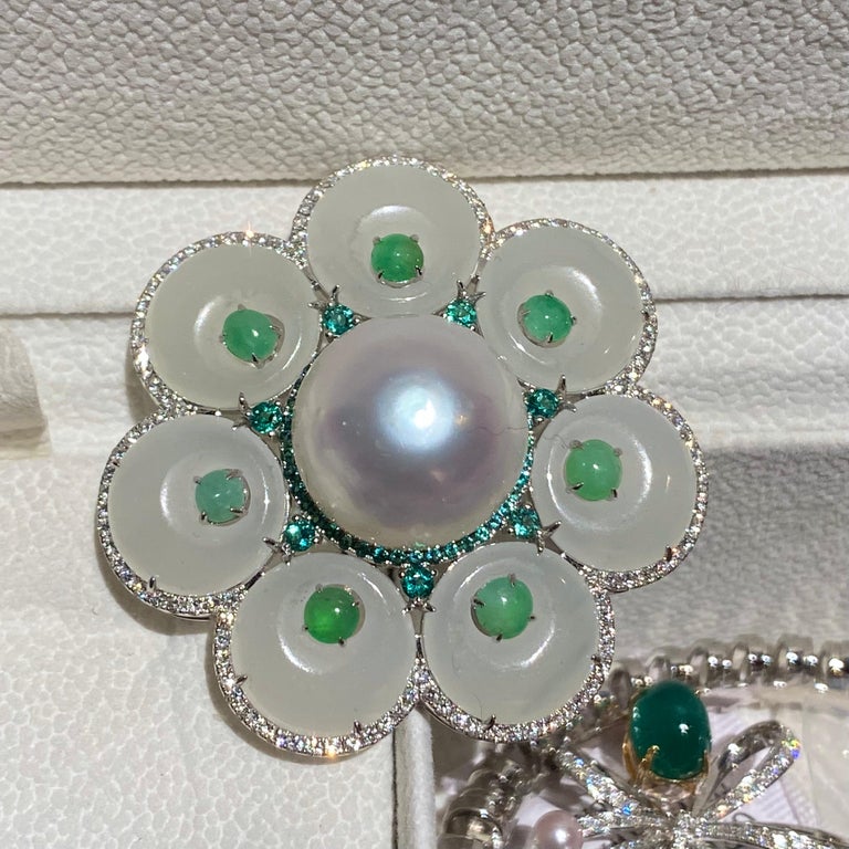 Eostre Jade, South Sea Pearl, Tsavorite and Diamond White Gold Brooch