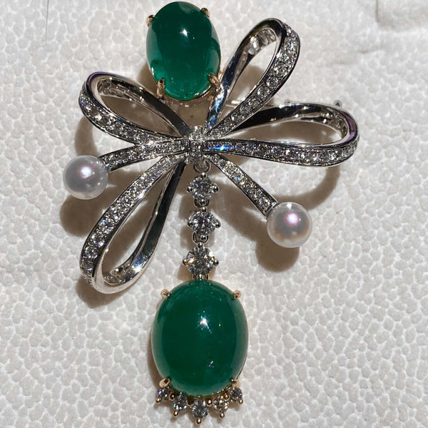 Eostre Multi Style Green Emerald and Diamond 18k White Gold Brooch Pendant