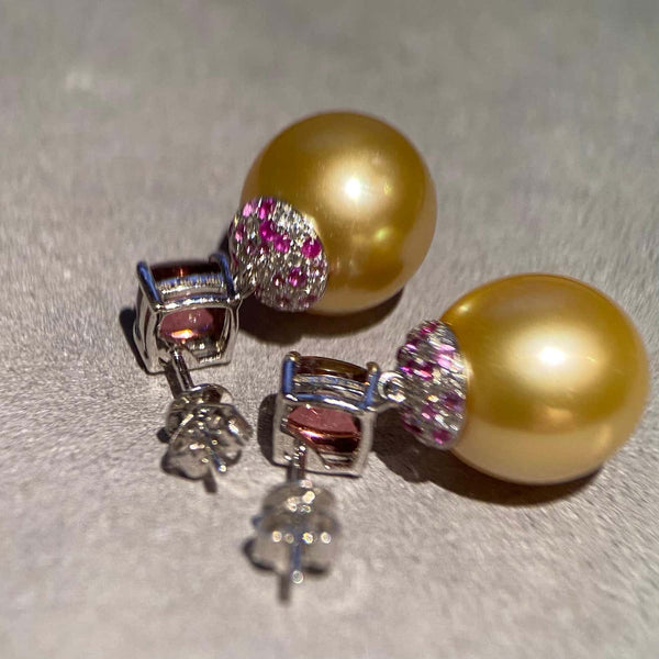 Eostre Rubillite Diamond and South Sea Pearl Earring in 18k White Gold