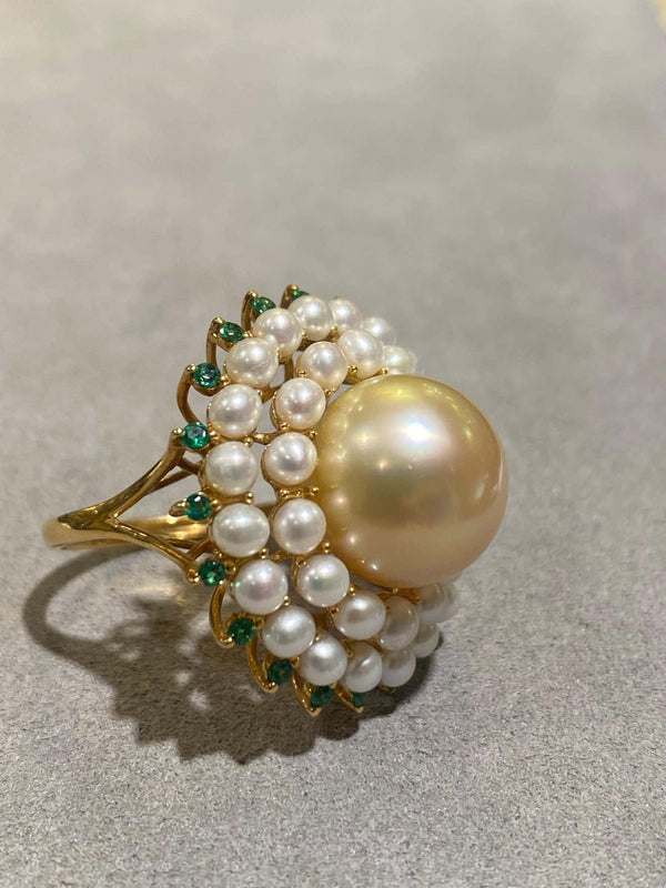 Golden South Sea Pearl and Seed Pearls Ring in 18k Yellow Gold