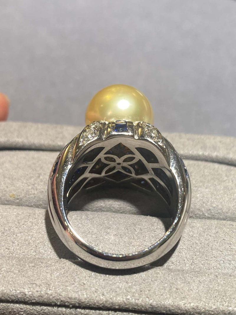 Light Golden South Sea Pearl Diamond and Sapphire Ring in 18k White Gold