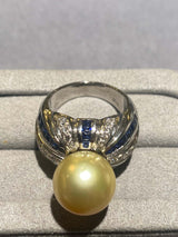 Light Golden South Sea Pearl Diamond and Sapphire Ring in 18k White Gold