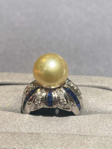 Light Golden South Sea Pearl Diamond and Sapphire Ring in 18k White Gold