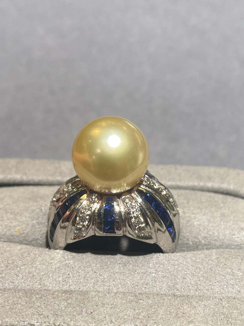 Light Golden South Sea Pearl Diamond and Sapphire Ring in 18k White Gold