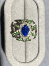 Eostre Blue Sapphire, Tsavorite and Diamond Ring in 18k White Gold