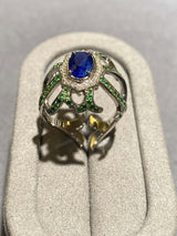 Eostre Blue Sapphire, Tsavorite and Diamond Ring in 18k White Gold