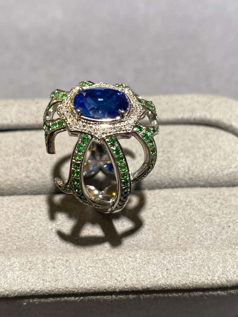 Eostre Blue Sapphire, Tsavorite and Diamond Ring in 18k White Gold