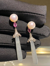 Eostre Type A Jadeite Akoya Pearl Pink Sapphire and Diamond Earrings in 18k Gold