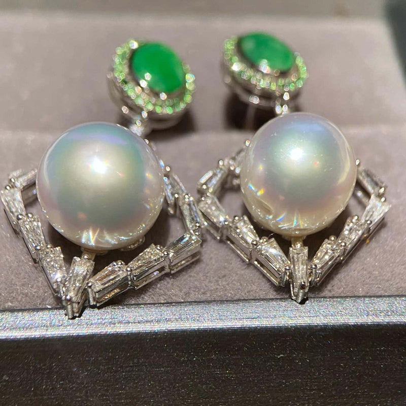 Eostre Jadeite, South Sea Pearl, Tsavorite and Diamond 18K White Gold Earring