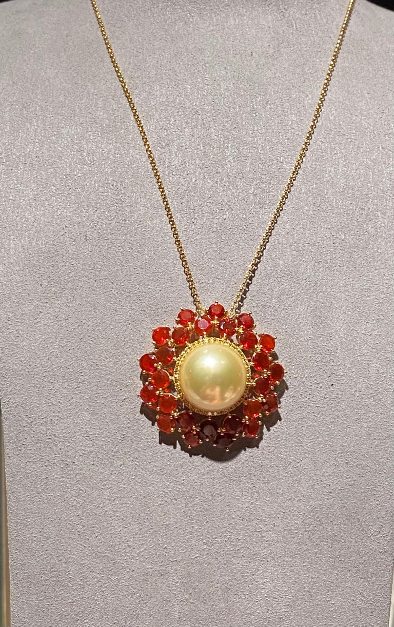 Eostre Fire Opal, South Sea Pearl and Yellow Diamond Yellow Gold Pendant Brooch