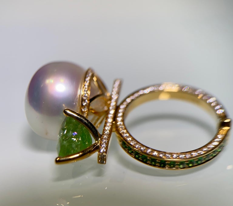 Eostre White South Sea Pearl, Tsavorite and Diamond White Gold Ring