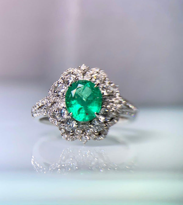 Eostre Vivid Green Emerald 1.22 Ct and Diamond White Gold Engagement Ring