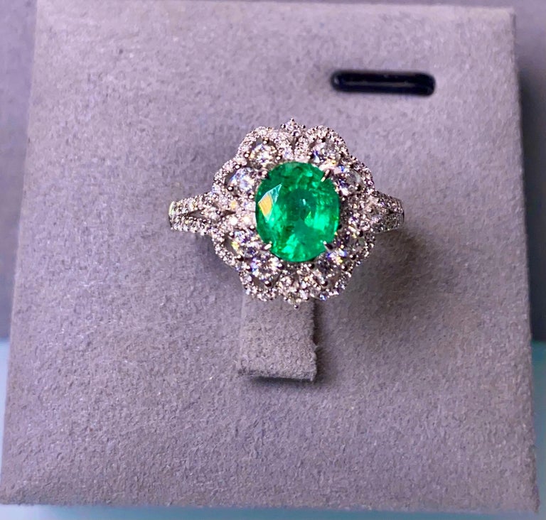 Eostre Vivid Green Emerald 1.22 Ct and Diamond White Gold Engagement Ring