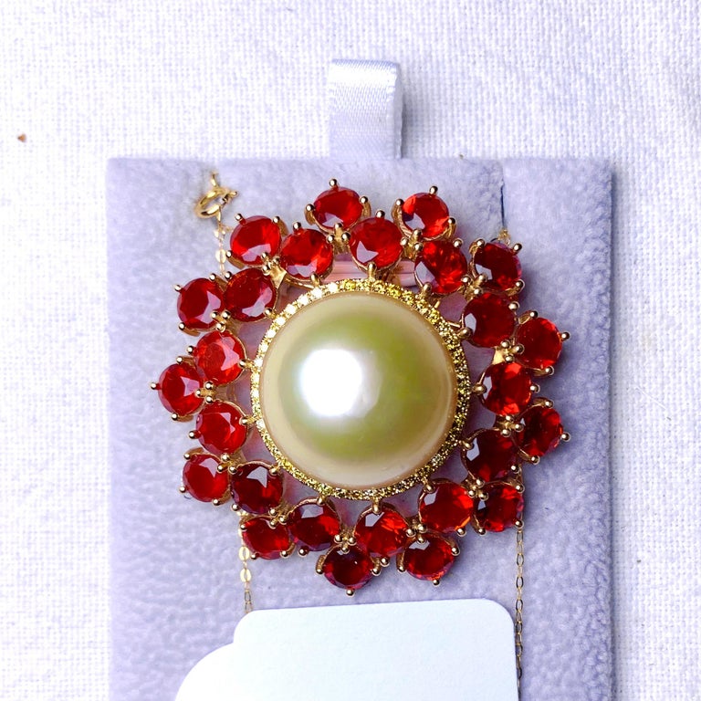 Eostre Fire Opal, South Sea Pearl and Yellow Diamond Yellow Gold Pendant Brooch