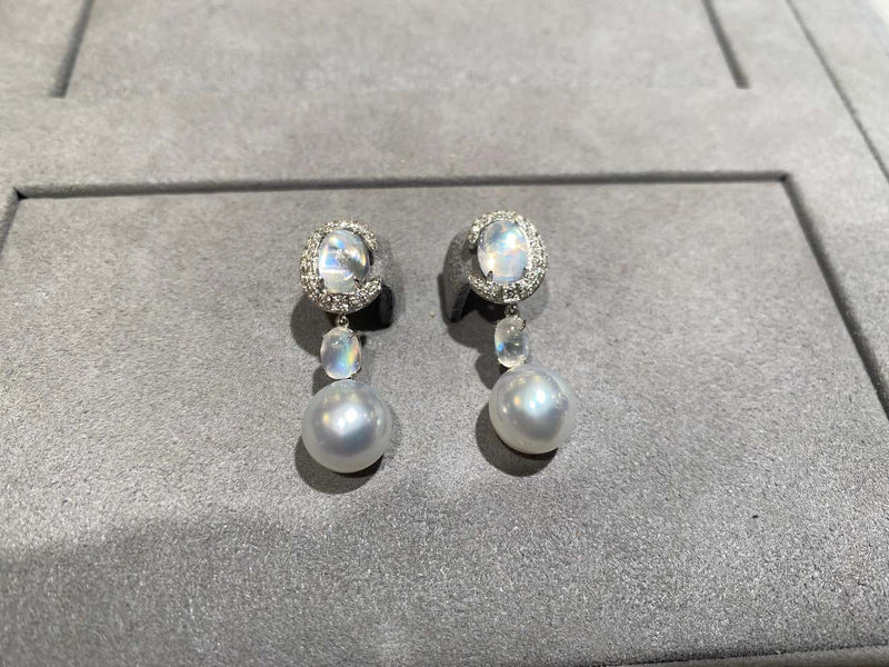 Eostre Moonstone, White South Sea Pearl and Diamond Earring in 18K Gold