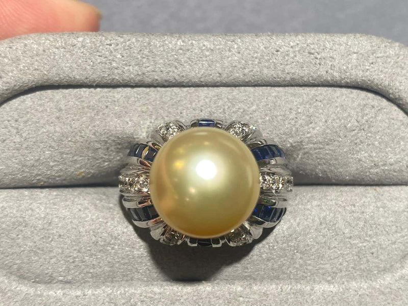 Light Golden South Sea Pearl Diamond and Sapphire Ring in 18k White Gold